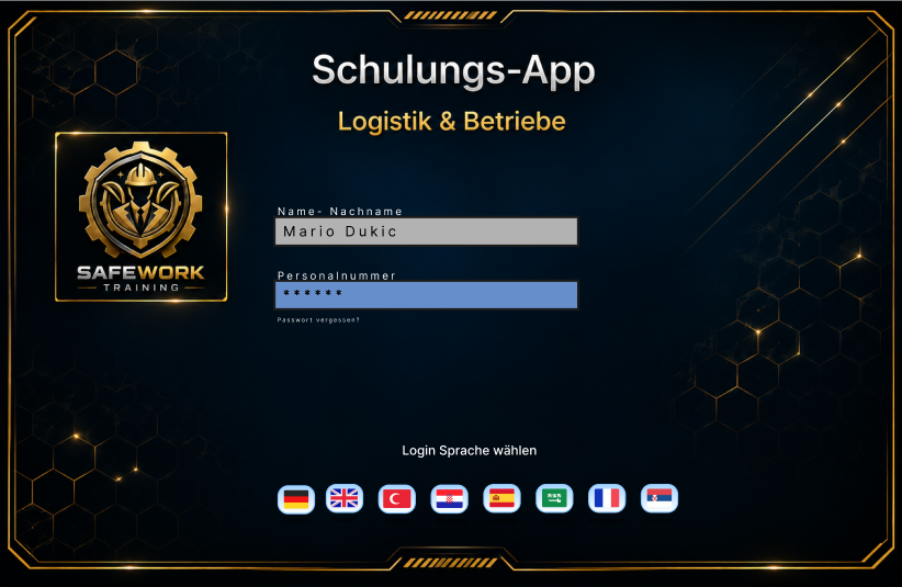Anmeldung und Sprachauswahl – SAFEWORK Figma-Prototyp